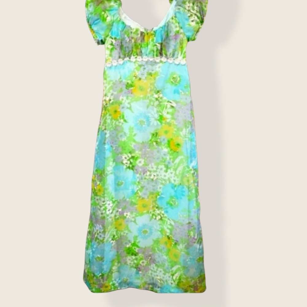 Vintage 1960s Hippie Woodstock Daisy Empire Maxi Dress - Picture 4 of 16